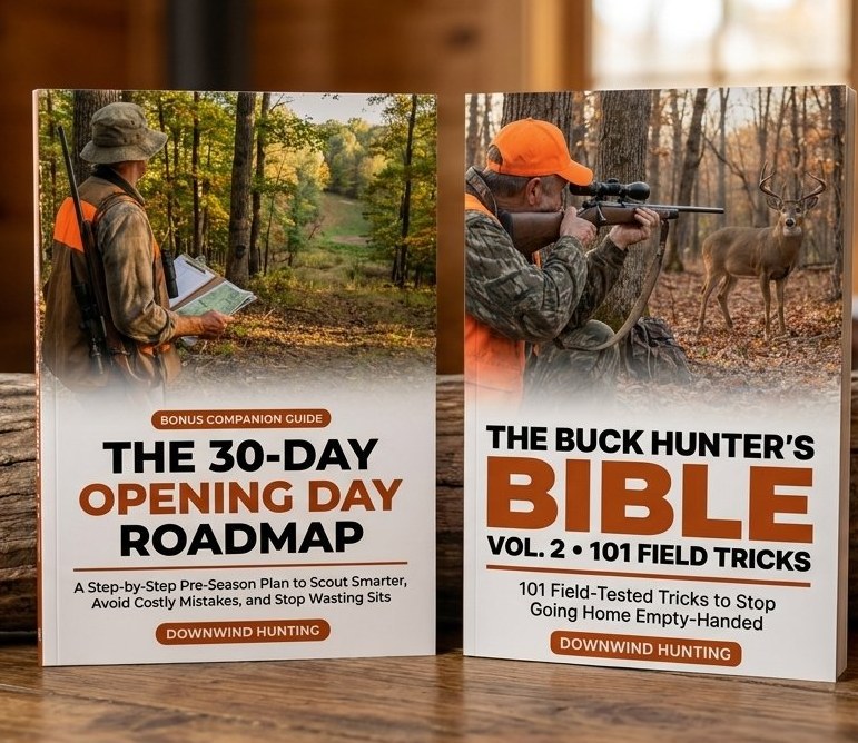 The Buck Hunter's Bible + The 30-Day Opening Day Roadmap bundle on a cabin table